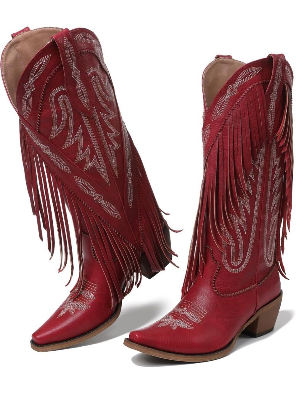 Women's Red Retro Pointed Toe Pull On Block Chunky Heel Embroider Cowgirl Boot